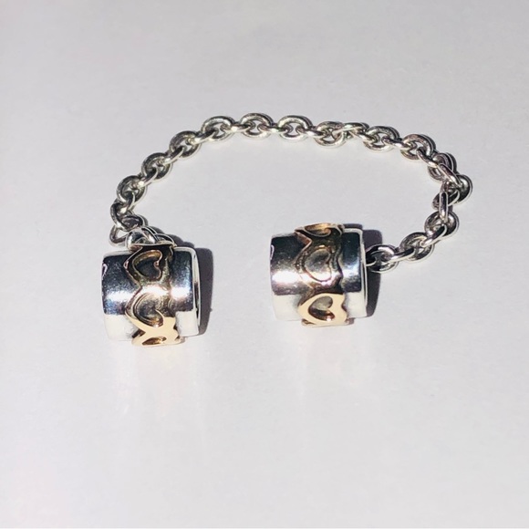 Retired Pandora 14k Hearts Sterling Silver Safety Chain Charm - Picture 7 of 9